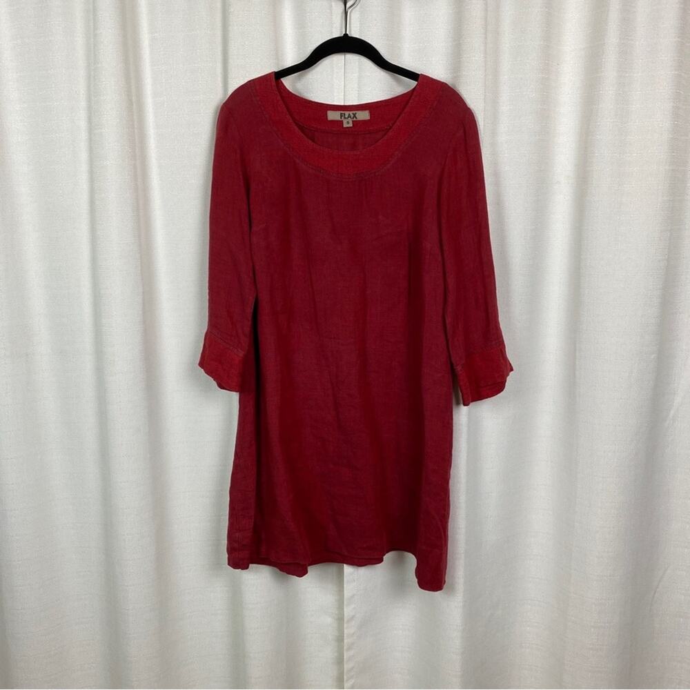 FLAX Red Linen 3/4 Sleeve Shift Dress Sz.S